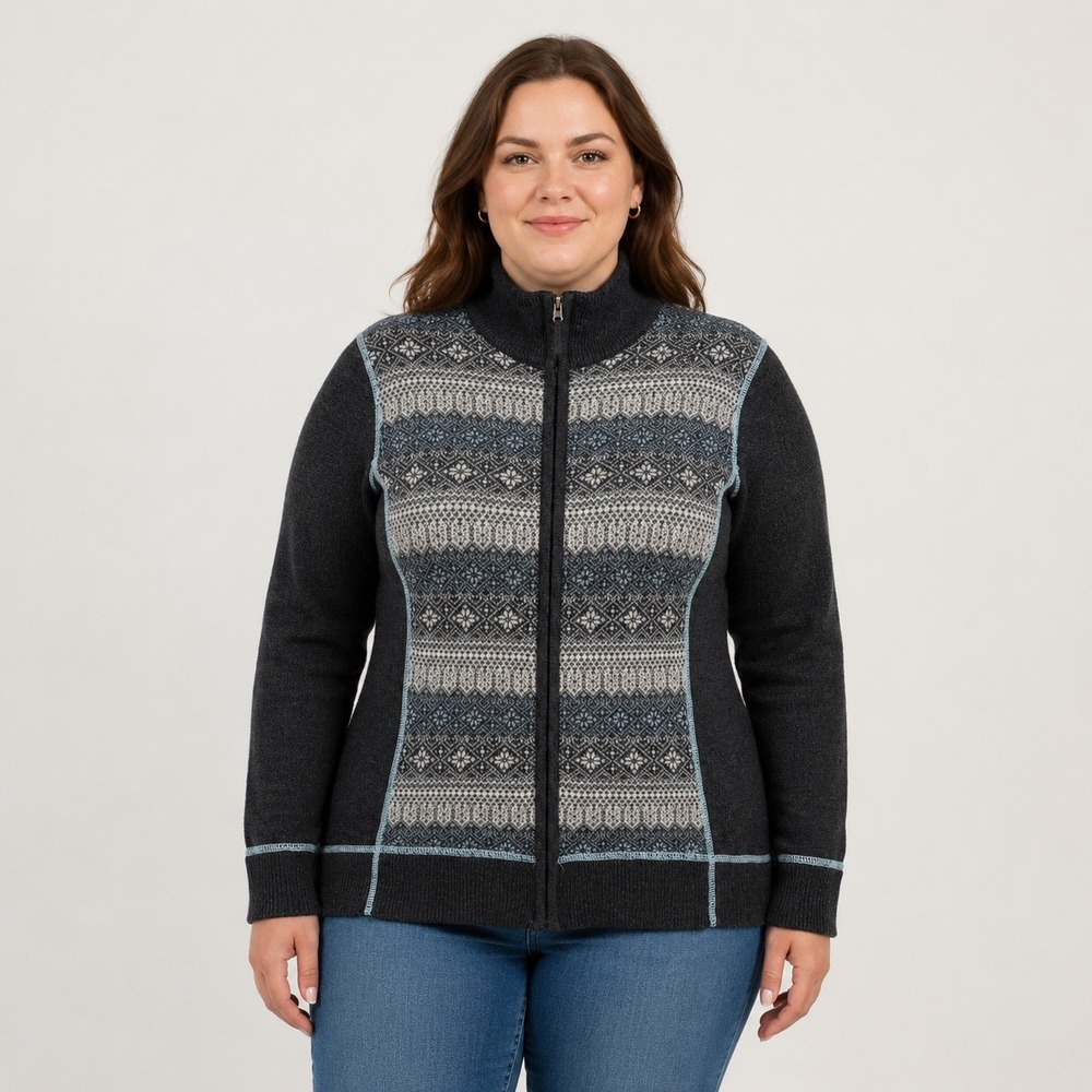 Eddie Bauer Womens XL Nordic‎ Fair Isle Full Zip Sweater Wool Blend Gray Blue